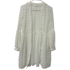 Babydoll Pom Cardigan Swimsuit Cover Up Womens Medium White Sheer Beach Vacation